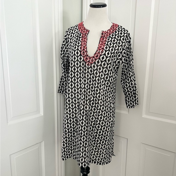 NEW! ECHO Geometric Swimsuit Coverup BLACK Beaded V-neck dress SMALL cover-up - Picture 2 of 5